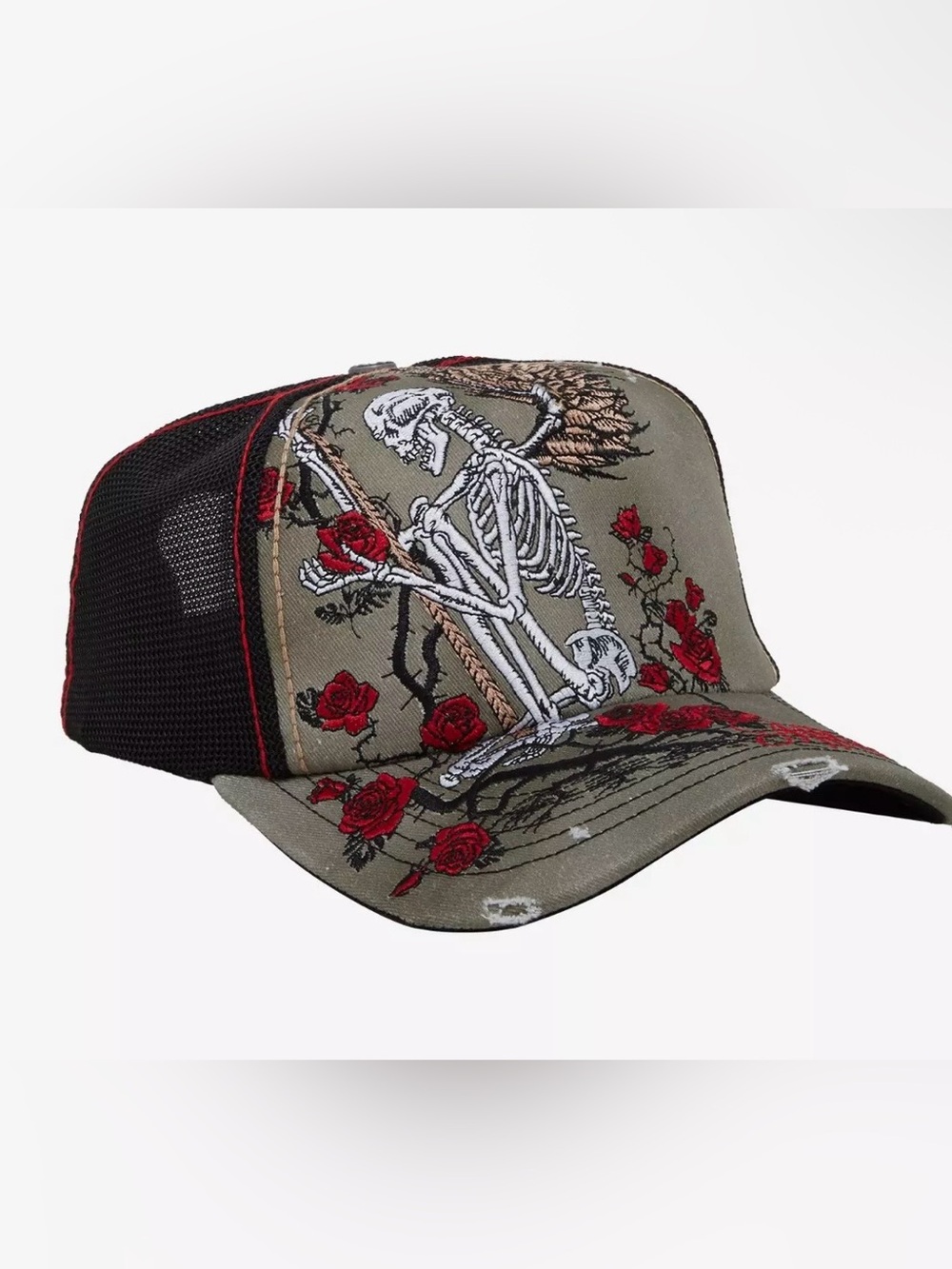 Affliction Men’s Skeleton Roses Trucker Hat Adjustable Distressed Grunge New Tag